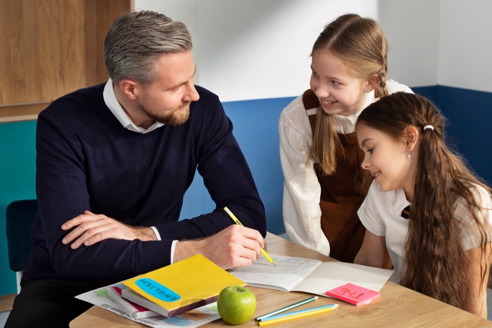 A tutor working one-on-one with two students at a table