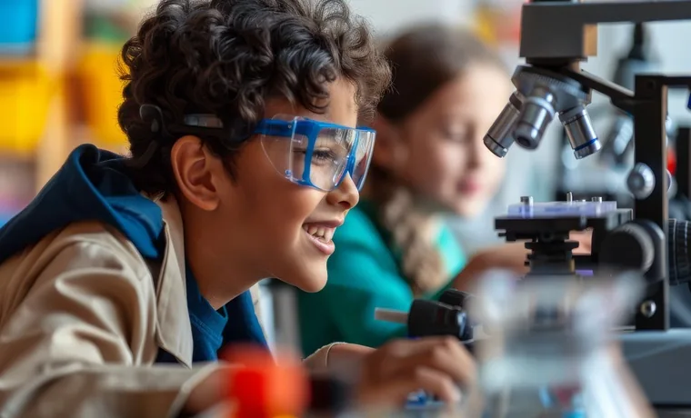 A student in safety goggles working at a microscope in a science lab